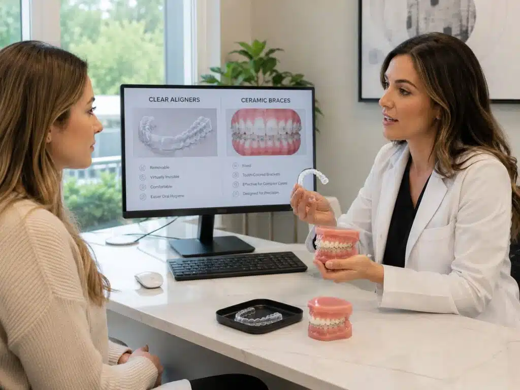 patient comparing clear aligners and ceramic braces in Gallup NM