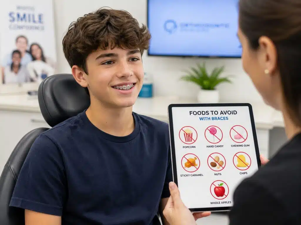 teen learning what not to eat with braces